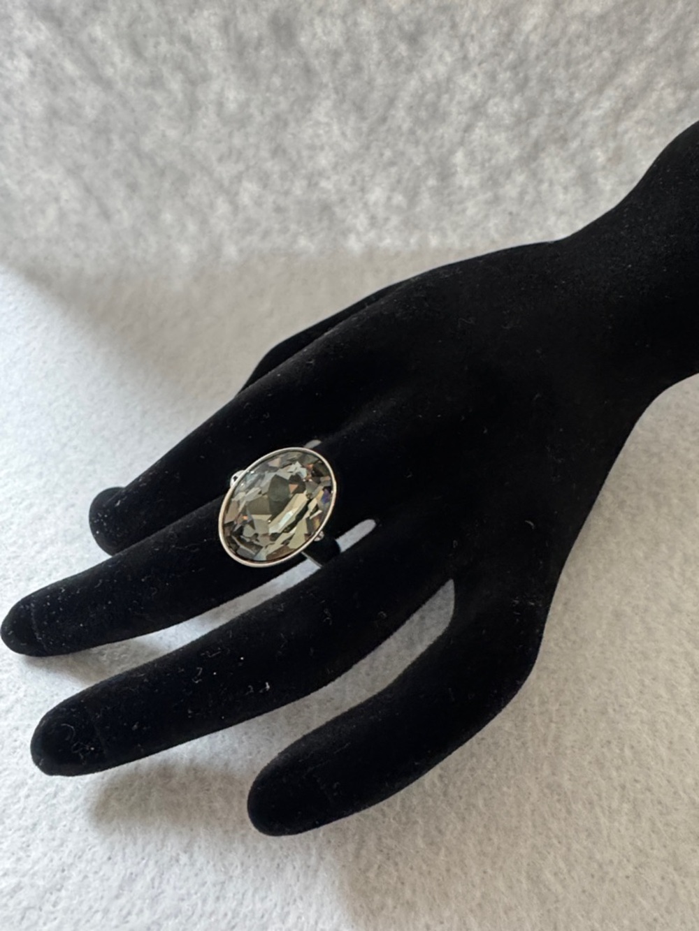 Touchstone Crystal Silver-Tone Oval Smoky Clear Crystal Ring